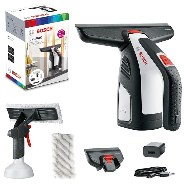 Limpiacristales eléctrico sin cable Bosch GlassVAC con pulverizador y almohadilla de microfibra, fotografía de producto