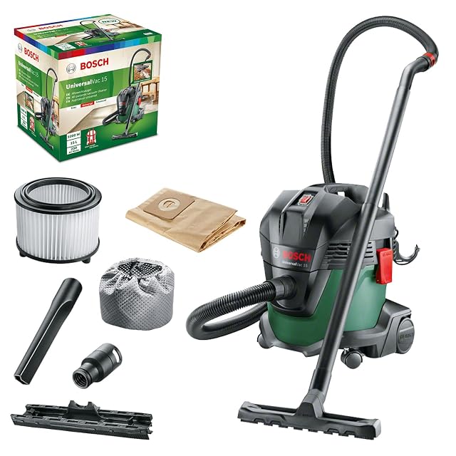 Aspirador de sólidos y líquidos Bosch UniversalVac 15 con bolsas filtrantes de papel, fotografía de producto