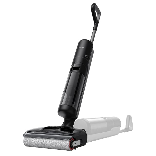 Fregadora sin cable Dreame H12 Pro FlexReach tumbada en plano bajo un mueble, fotografía de producto