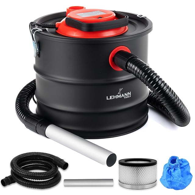 Aspirador de cenizas Lehmann de 15 litros con cuba metálica, carcasa de filtro HEPA y manguera metálica, fotografía de producto