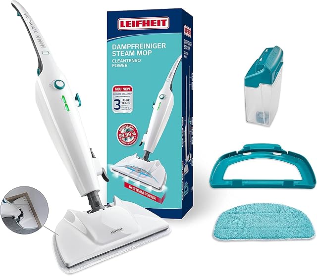 Mopa de vapor Leifheit CleanTenso Power con placa de suelo cuadrada y almohadilla de microfibra, fotografía de producto