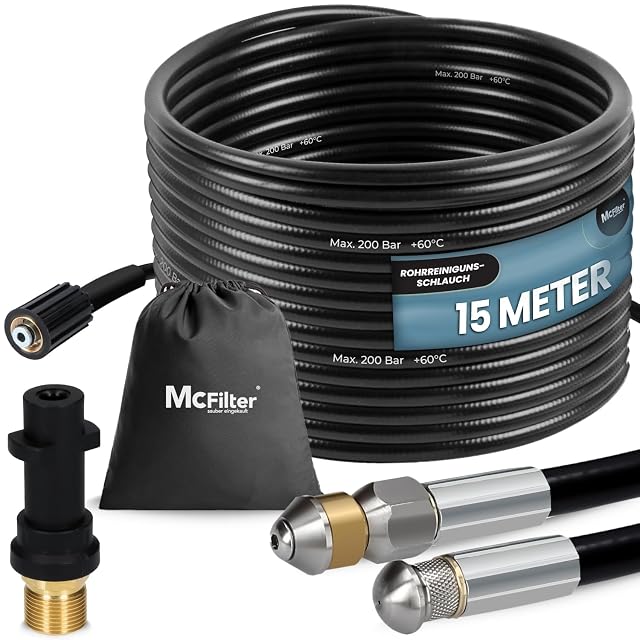Kit de manguera de desatasco McFilter de 15 metros para hidrolimpiadoras, fotografía de producto