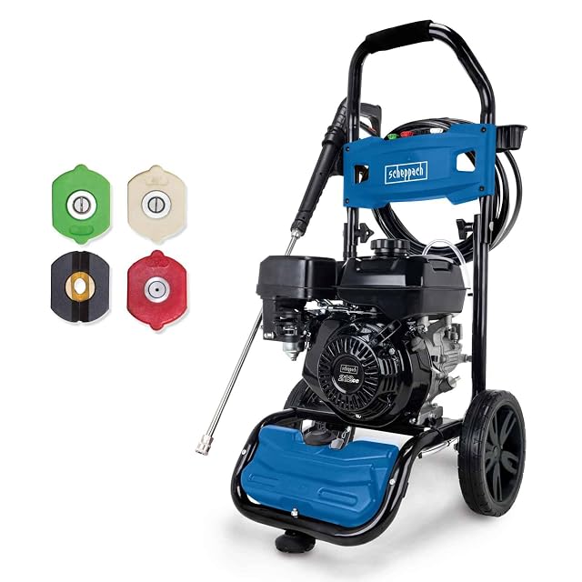 Hidrolimpiadora de gasolina Scheppach HCP5000 con motor de cuatro tiempos y manguera de 9,2 m, fotografía de producto